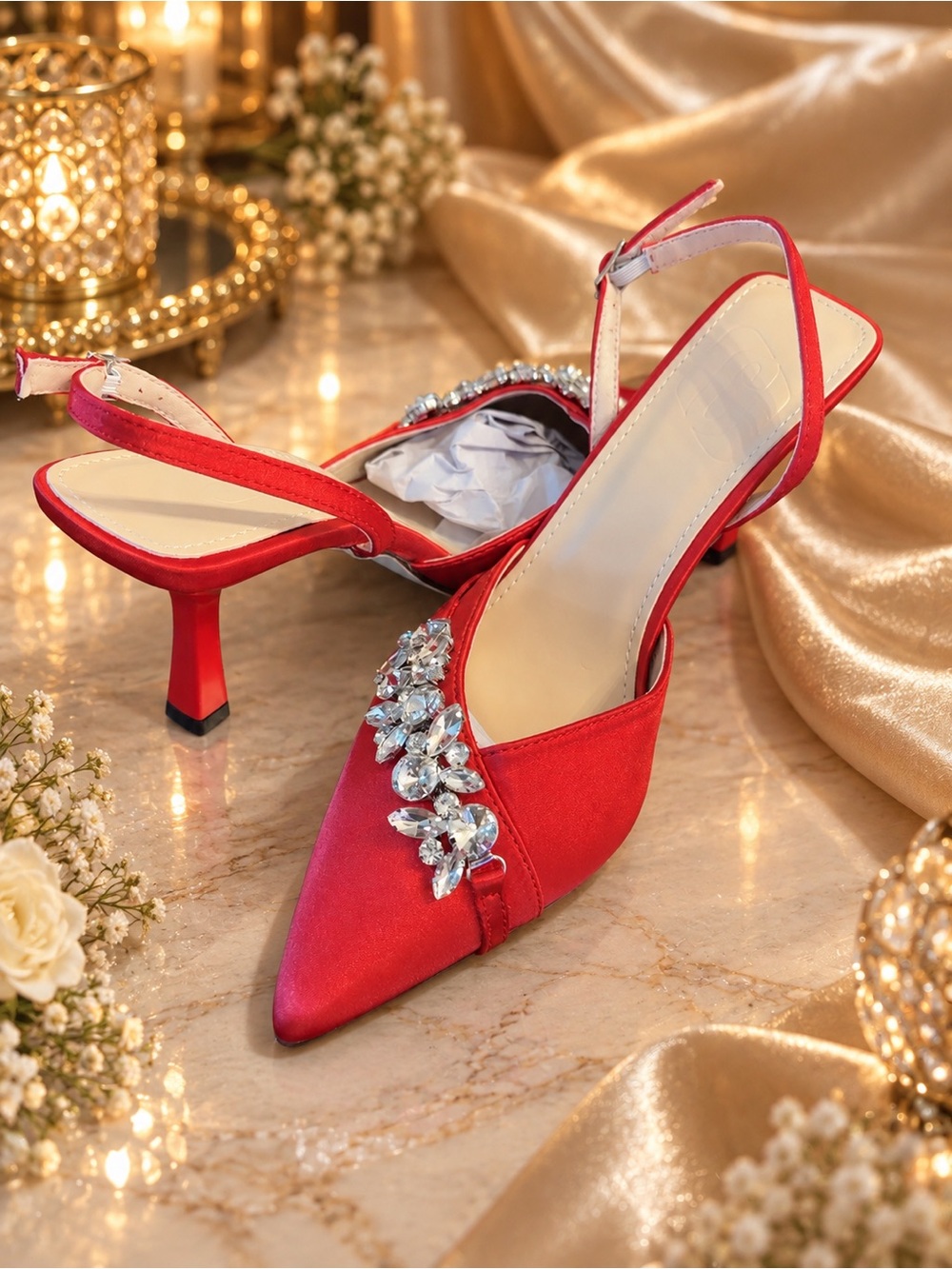 Red Satin Slingback Heels with Crystal Accent by - Picture 5 of 5